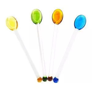 Mexedor Drink Vidro Colorido 4Peças BX0009<BR>- Amarelo, Azul, Laranja E Verde<BR>- 12,5x2cm<BR>- BTC Decor
