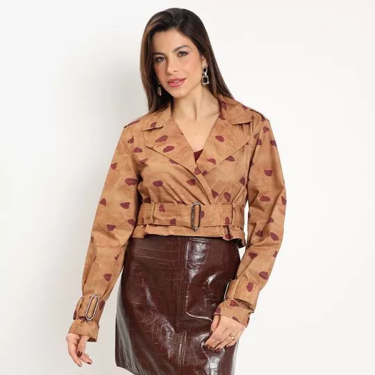 Jaqueta Em Sarja Estampada Bomber Abstrato- Marrom Claro- Open