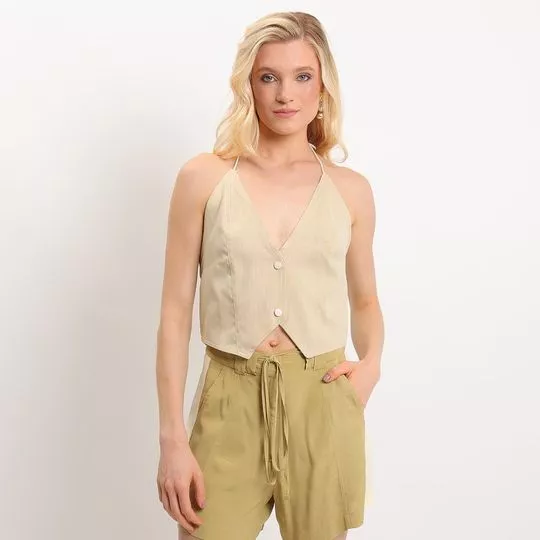 Colete Cropped Listrado- Bege- Open