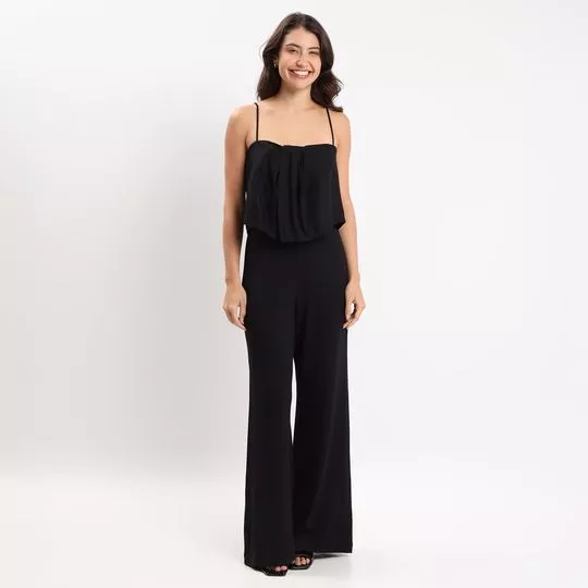 Macacão Detalhe Linho Pantalona Liso- Preto- Open