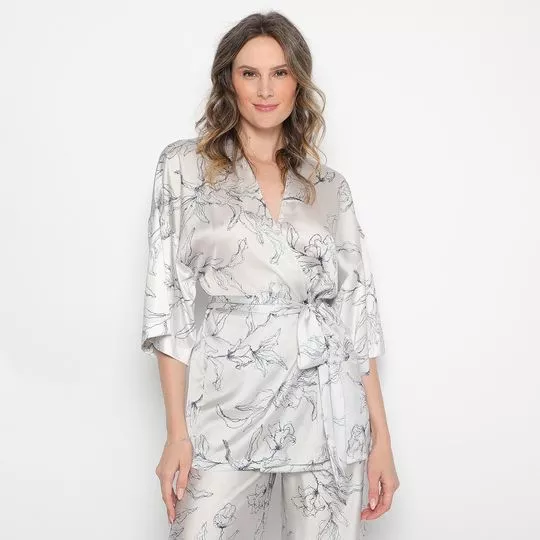Kimono Floral- Off White & Azul Marinho- Morena Rosa