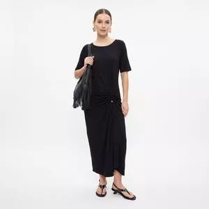 Vestido Ajustado Decote Canoa Manga Curta Midi<BR>- Preta<BR>- Morena Rosa