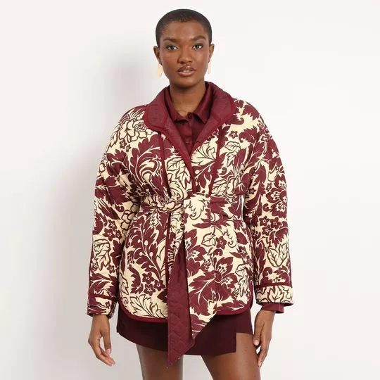 Casaco Puffer Floral- Bordô- Morena Rosa