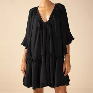 Vestido Solto Decote V Manga Longa Curto<BR>- Preto<BR>- Morena Rosa