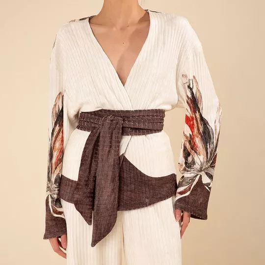 Kimono Solto Alongado- Off White & Marrom- Morena Rosa
