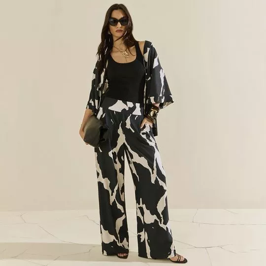 Calça Longa- Preto & Off White- Morena Rosa