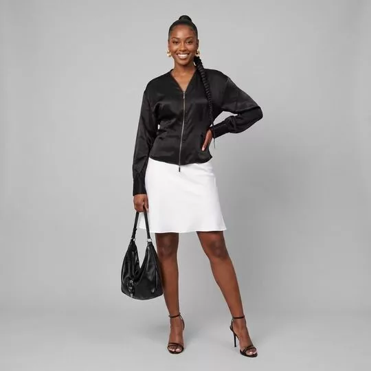 Jaqueta Bomber Ajustada Decote V Manga Longa- Preta- Morena Rosa