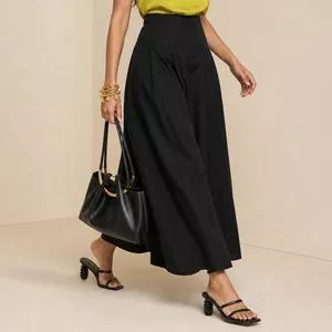 Saia Evasê Cintura Alta Midi<BR>- Preto<BR>- Morena Rosa