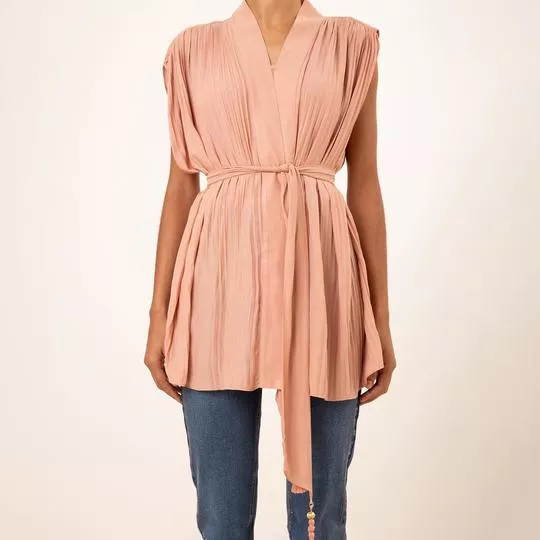 Kimono Regata Plissado Alongado- Rosa- Maria Valentina
