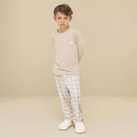 Pijama Longo Xadrez- Bege- Anna Kock Sleepwear