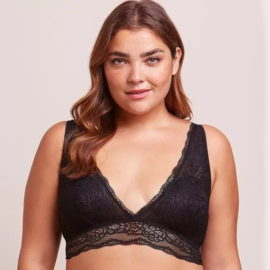 Sutiã Top Longo Renda Com Bojo Sem Aro- Preto- Bonjour