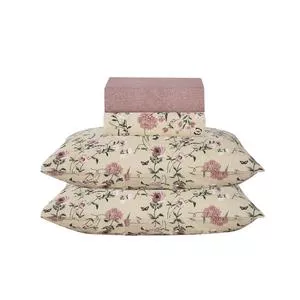 Jogo De Cama 300 Fios Micropércal Queen<br /> - Bege & Rosa<br /> - 240x260cm<br /> - 3Pçs<br /> - Niazitex