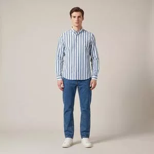 Camisa Regular Listrada<BR> - Azul Claro<BR> - Reserva