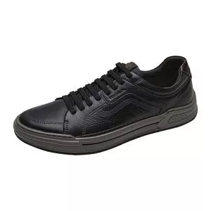 Tênis Em Couro Com Recortes<BR> - Preto<BR> - Democrata