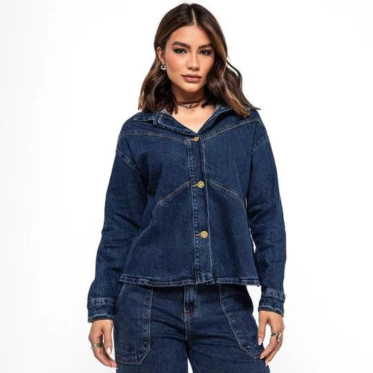 Jaqueta Jeans Bomber Liso- Azul Escuro- Consciência Jeans