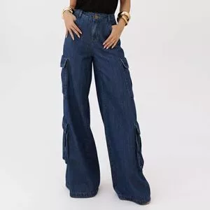 Calça Jeans Cargo Wide Leg<BR>- Azul Escuro<BR>- Consciência Jeans