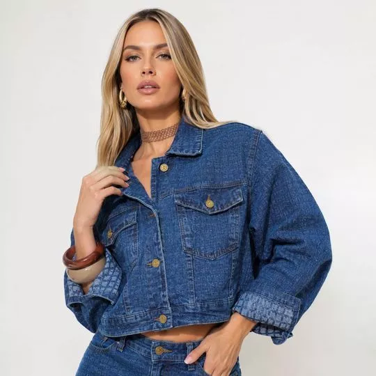 Jaqueta Jeans Cropped- Azul Escuro- Consciência Jeans
