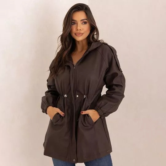 Jaqueta Com Capuz Material Sintético- Marrom- Consciência Jeans