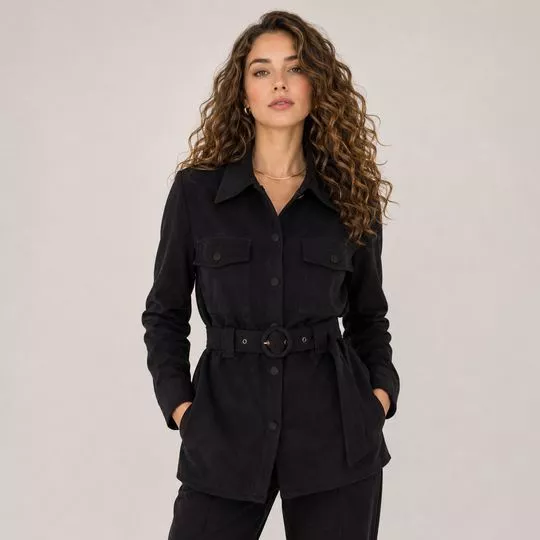 Jaqueta Camurça Com Cinto- Preto- Consciência Jeans