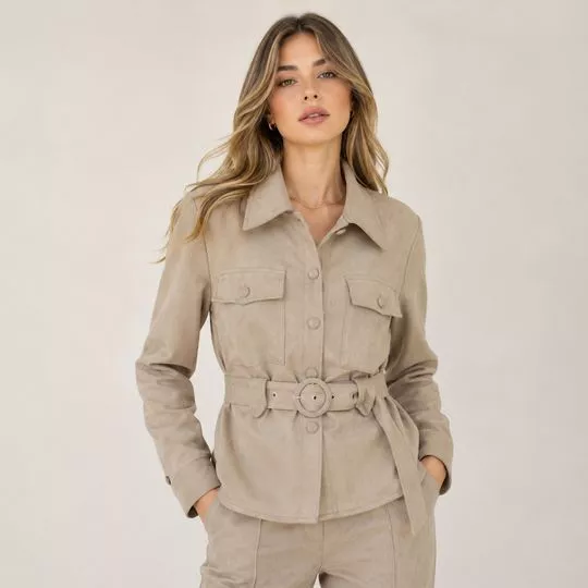 Jaqueta Camurça Com Cinto- Bege- Consciência Jeans