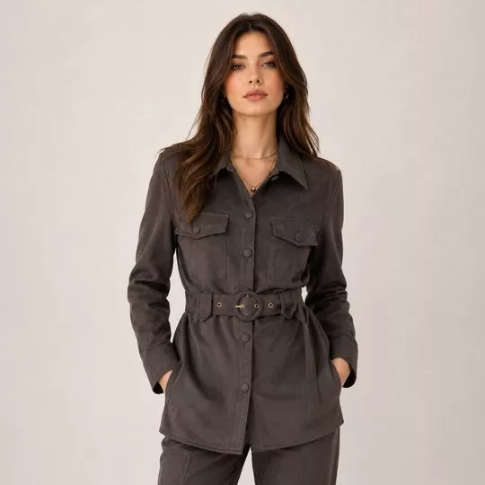 Jaqueta Camurça Com Cinto- Marrom- Consciência Jeans
