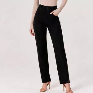 Calça Reta Camurça Bordada Abertura Lateral<BR>- Preto<BR>- Consciência Jeans