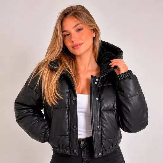 Jaqueta Cropped Puffer- Preta- Consciência Jeans