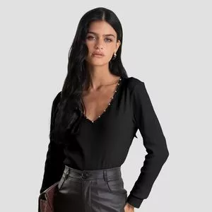 Blusa Manga Longa Decote V Canelada<BR>- Preta<BR>- DIANNA