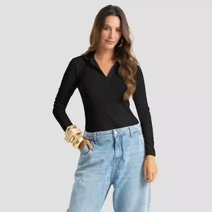 Polo Manga Longa<BR>- Preta<BR>- DIANNA