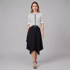Cardigan Tricot Listrado<BR>- Off White<BR>- Dudalina