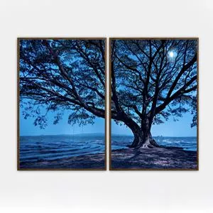 Conjunto De Quadros Decorativos Madeira Blue Tree<BR>- Azul E Preto<BR>- 50x70x3cm<BR>- Canvas E Quadros