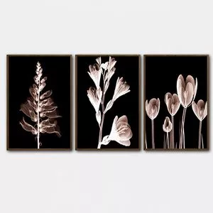 Trio De Quadros Decorativos Euphoria Moderno Madeira<BR>- Preto E Bege <BR>- 60x80x3cm<BR>- Canvas E Quadros