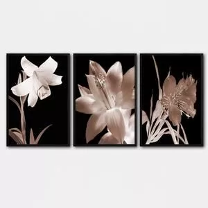 Trio De Quadros Decorativos Florais Chérie Madeira Canvas E Quadros<BR>- Preto E Bege <BR>- 50x70x3cm