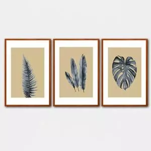 Trio De Quadros Decorativos Royal Madeira Moderno<BR>- Azul E Bege -<BR>50x70x3cm<BR>- Canvas E Quadros