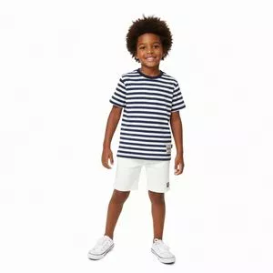 Conjunto T-Shirt Listrada Azul Com Etiqueta & Bermuda Em Sarja<BR>- Azul<BR>- Youccie