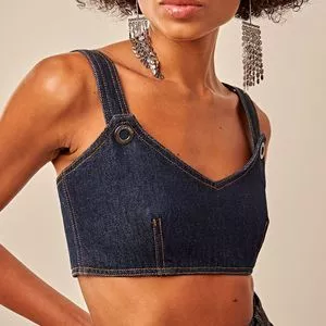 Cropped Jeans Com Recortes<BR>- Azul Escuro<BR>- Lindademorrer