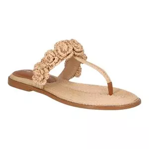 Sandália Rasteira Com Flores De Ráfia<BR>- Caramelo<BR>- Luiza Barcelos