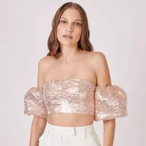 Cropped Ombro A Ombro Metalizado<BR>- Rosa Claro<BR>- NK Store