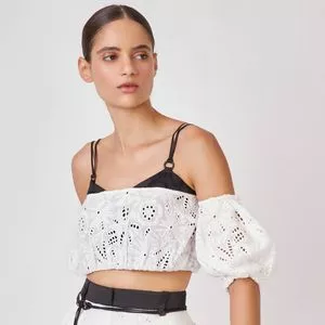 Cropped Em Laise<BR>- Off White & Preto<BR>- NK Store