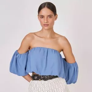 Cropped Ombro A Ombro Com Franzidos<BR>- Azul<BR>- NK Store