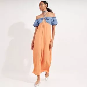 Vestido Midi Ombro A Ombro<BR>- Azul & Laranja<BR>- NK Store