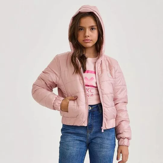 Jaqueta Puffer Poliéster Gola Alta- Rosa Claro- TXC BRAND