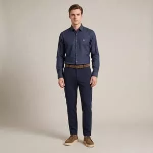 Camisa Manga Longa Slim Fil A Fil<BR>- Azul Marinho<BR>-Borelli