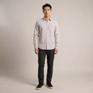 Camisa Tricoline Slim Manga Longa<BR>- Cinza<BR>-Borelli