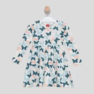 Vestido Borboletas<BR> - Branco & Verde Escuro<BR> - Kyly