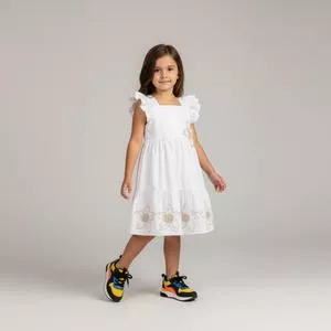 Vestido Infantil Corte A Bordado Floral<BR>- Branco<BR>- Milon