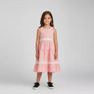 Vestido Infantil Ajustado Saia Rodada Listrado Bordado<BR>- Rosa<BR>- Milon